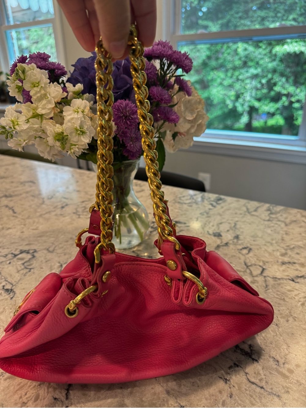 Y2K Juicy Couture Bright Pink Leather Shoulder Bag Purse Rare